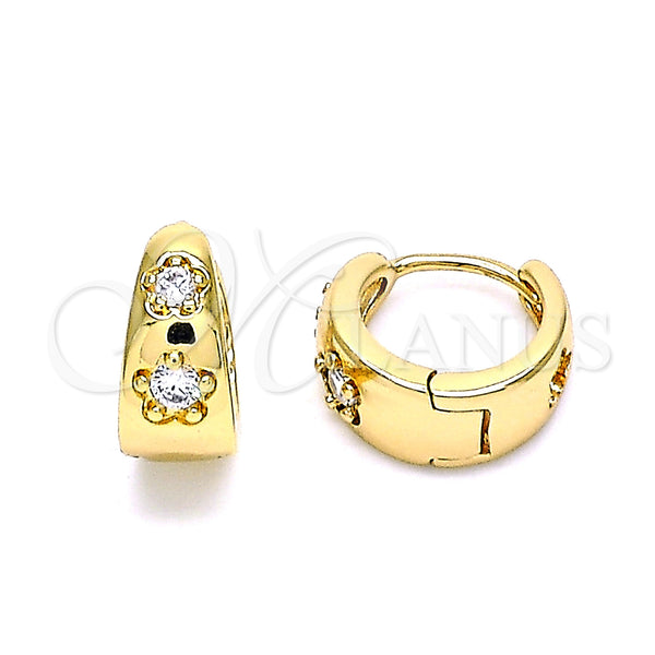 Gold Filled Hoop Earrings — Huggie Hoop Flower Design with White Micro Pave — main product view — SKU 144061 | Oro Laminado aretes de aro — Huggie Hoop flor diseño with blanco Micro Pave — SKU 144061