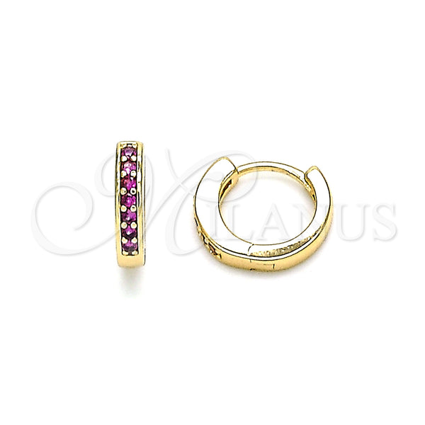 Gold Filled Hoop Earrings — Huggie Hoop with Ruby Micro Pave Polished 02. — main product view — SKU 144066 | Oro Laminado aretes de aro — Huggie Hoop with Ruby Micro Pave pulido 02. — SKU 144066