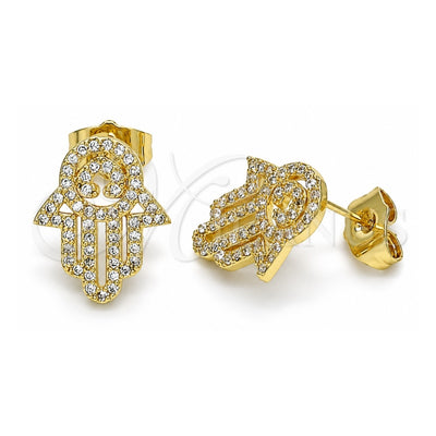 Oro Laminado Stud Earring, Gold Filled Style Hand of God and Judaica Design, with White Micro Pave, Polished, Golden Finish, 02.284.0043