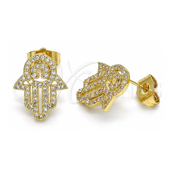 Oro Laminado Stud Earring, Gold Filled Style Hand of God and Judaica Design, with White Micro Pave, Polished, Golden Finish, 02.284.0043