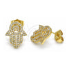Oro Laminado Stud Earring, Gold Filled Style Hand of God and Judaica Design, with White Micro Pave, Polished, Golden Finish, 02.284.0043