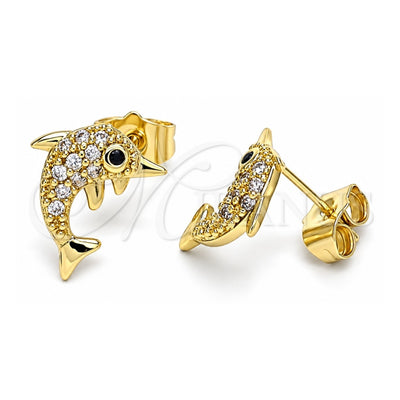 Oro Laminado Stud Earring, Gold Filled Style Dolphin Design, with White and Black Micro Pave, Polished, Golden Finish, 02.284.0044