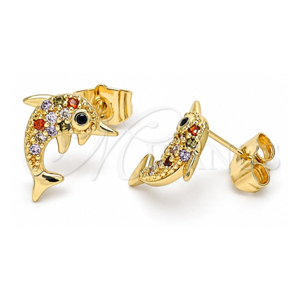 Oro Laminado Stud Earring, Gold Filled Style Dolphin Design, with Multicolor Micro Pave, Polished, Golden Finish, 02.284.0044.1