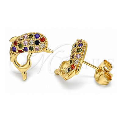 Oro Laminado Stud Earring, Gold Filled Style Dolphin Design, with Multicolor Micro Pave, Polished, Golden Finish, 02.195.0088.2