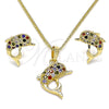 Oro Laminado Earring and Pendant Adult Set, Gold Filled Style Dolphin Design, with Multicolor Micro Pave, Polished, Golden Finish, 10.195.0029.1