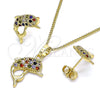 Oro Laminado Earring and Pendant Adult Set, Gold Filled Style Dolphin Design, with Multicolor Micro Pave, Polished, Golden Finish, 10.195.0029.1