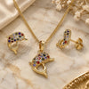 Oro Laminado Earring and Pendant Adult Set, Gold Filled Style Dolphin Design, with Multicolor Micro Pave, Polished, Golden Finish, 10.195.0029.1