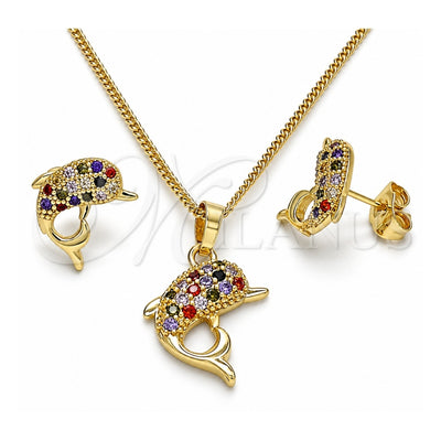 Oro Laminado Earring and Pendant Adult Set, Gold Filled Style Dolphin Design, with Multicolor Micro Pave, Polished, Golden Finish, 10.195.0029.1