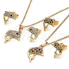 Oro Laminado Earring and Pendant Adult Set, Gold Filled Style Dolphin Design, with Multicolor Micro Pave, Polished, Golden Finish, 10.195.0029.1