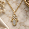 Oro Laminado Pendant Necklace, Gold Filled Style Hand of God and Judaica Design, with White Micro Pave and White Cubic Zirconia, Polished, Golden Finish, 04.210.0055.20 (02 MM Thickness, 20 Inches Length)
