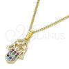 Oro Laminado Pendant Necklace, Gold Filled Style Hand of God Design, with Multicolor Micro Pave and White Cubic Zirconia, Polished, Golden Finish, 04.210.0055.1.20 (02 MM Thickness, 20 Inches Length)