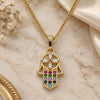 Oro Laminado Pendant Necklace, Gold Filled Style Hand of God and Judaica Design, with Multicolor Micro Pave and White Cubic Zirconia, Polished, Golden Finish, 04.210.0055.1.20 (02 MM Thickness, 20 Inches Length)
