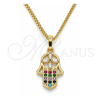 Oro Laminado Pendant Necklace, Gold Filled Style Hand of God and Judaica Design, with Multicolor Micro Pave and White Cubic Zirconia, Polished, Golden Finish, 04.210.0055.1.20 (02 MM Thickness, 20 Inches Length)