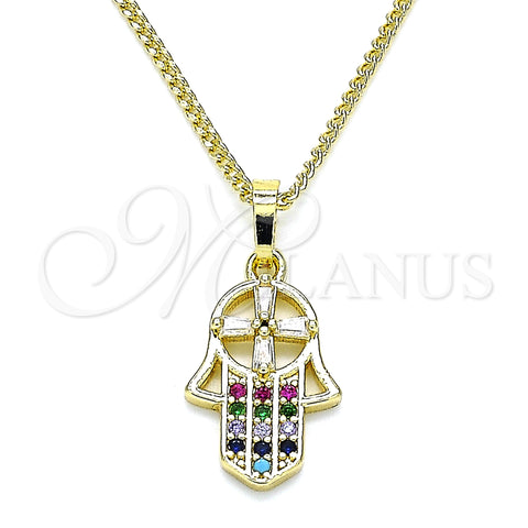 Oro Laminado Pendant Necklace, Gold Filled Style Hand of God Design, with Multicolor Micro Pave and White Cubic Zirconia, Polished, Golden Finish, 04.210.0055.1.20 (02 MM Thickness, 20 Inches Length)