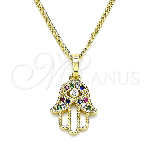 Oro Laminado Pendant Necklace, Gold Filled Style Hand of God Design, with Multicolor and White Micro Pave, Polished, Golden Finish, 04.210.0056.1.20 (02 MM Thickness, 20 Inches Length)