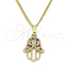 Oro Laminado Pendant Necklace, Gold Filled Style Hand of God Design, with Multicolor and White Micro Pave, Polished, Golden Finish, 04.210.0056.1.20 (02 MM Thickness, 20 Inches Length)