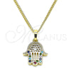Oro Laminado Pendant Necklace, Gold Filled Style Hand of God Design, with Multicolor Micro Pave, Polished, Golden Finish, 04.210.0058.1.20 (02 MM Thickness, 20 Inches Length)