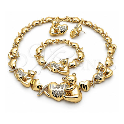 Oro Laminado Necklace, Bracelet and Earring, Gold Filled Style Hugs and Kisses and Teddy Bear Design, with White Crystal, Polished, Golden Finish, 06.372.0043