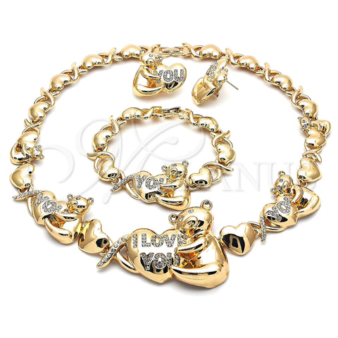 Oro Laminado Necklace, Bracelet and Earring, Gold Filled Style Hugs and Kisses and Teddy Bear Design, with White Crystal, Polished, Golden Finish, 06.372.0043