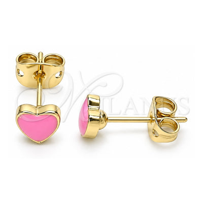 Oro Laminado Stud Earring, Gold Filled Style Heart Design, Pink Enamel Finish, Golden Finish, 02.213.0292.2