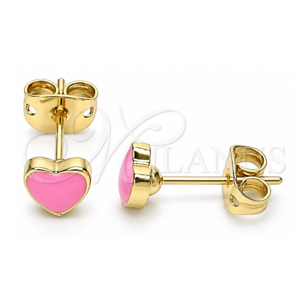 Oro Laminado Stud Earring, Gold Filled Style Heart Design, Pink Enamel Finish, Golden Finish, 02.213.0292.2