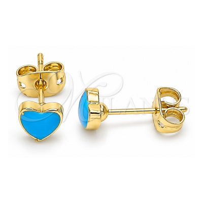 Oro Laminado Stud Earring, Gold Filled Style Heart Design, Azul claro Enamel Finish, Golden Finish, 02.213.0292.4
