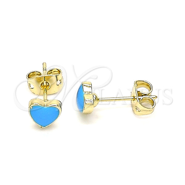 Oro Laminado Stud Earring, Gold Filled Style Heart Design, Azul claro Enamel Finish, Golden Finish, 02.213.0292.4