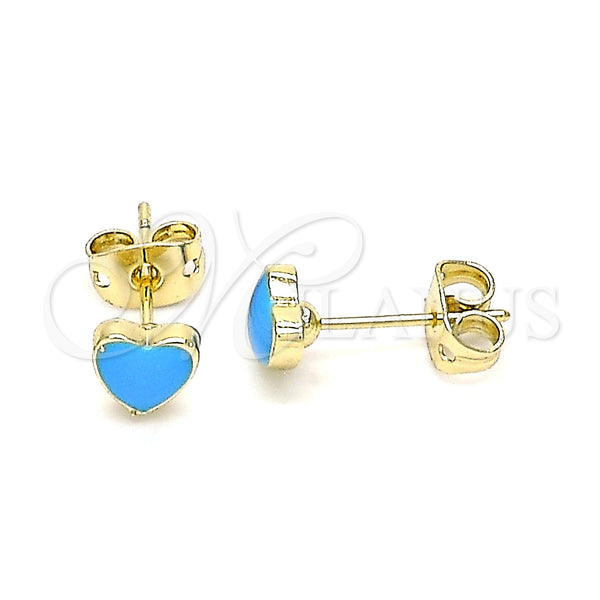 Oro Laminado Stud Earring, Gold Filled Style Heart Design, Azul claro Enamel Finish, Golden Finish, 02.213.0292.4