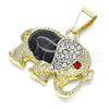 Oro Laminado Religious Pendant, Gold Filled Style Elephant Design, with Black Opal and Garnet Crystal, Polished, Golden Finish, 05.213.0042.1