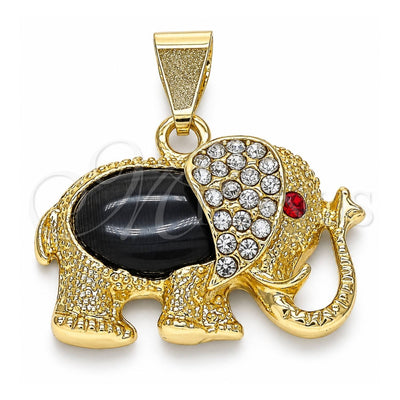 Oro Laminado Religious Pendant, Gold Filled Style Elephant Design, with Black Opal and Garnet Crystal, Polished, Golden Finish, 05.213.0042.1