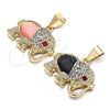 Oro Laminado Religious Pendant, Gold Filled Style Elephant Design, with Black Opal and Garnet Crystal, Polished, Golden Finish, 05.213.0042.1