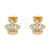 Oro Laminado Stud Earring, Gold Filled Style Crown Design, with White Micro Pave, Polished, Golden Finish, 02.213.0295