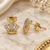 Oro Laminado Stud Earring, Gold Filled Style Crown Design, with White Micro Pave, Polished, Golden Finish, 02.213.0295