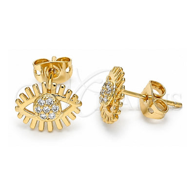 Oro Laminado Stud Earring, Gold Filled Style Evil Eye Design, with White Micro Pave, Polished, Golden Finish, 02.213.0296