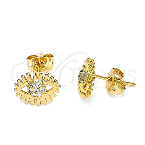 Oro Laminado Stud Earring, Gold Filled Style Evil Eye Design, with White Micro Pave, Polished, Golden Finish, 02.213.0296