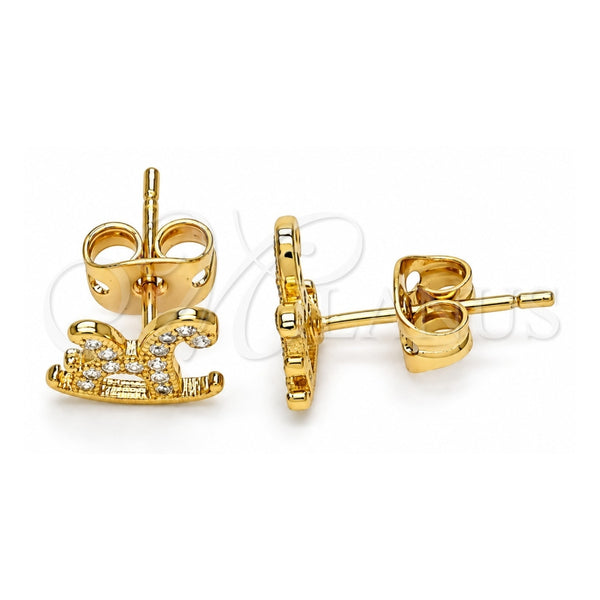 Oro Laminado Stud Earring, Gold Filled Style Horse Design, with White Micro Pave, Polished, Golden Finish, 02.213.0297