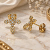 Oro Laminado Stud Earring, Gold Filled Style Cross Design, with White Micro Pave, Polished, Golden Finish, 02.213.0300