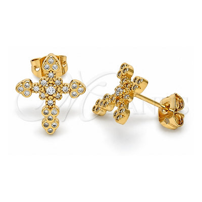 Oro Laminado Stud Earring, Gold Filled Style Cross Design, with White Micro Pave, Polished, Golden Finish, 02.213.0300