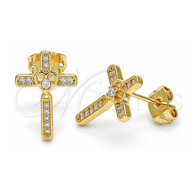 Oro Laminado Stud Earring, Gold Filled Style Cross Design, with White Micro Pave, Polished, Golden Finish, 02.213.0301