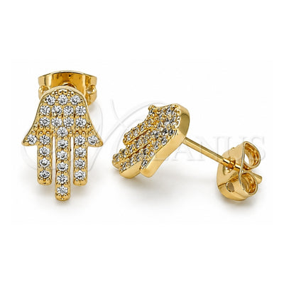 Oro Laminado Stud Earring, Gold Filled Style Hand of God and Judaica Design, with White Micro Pave, Polished, Golden Finish, 02.213.0302