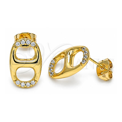 Oro Laminado Stud Earring, Gold Filled Style Puff Mariner Design, with White Micro Pave, Polished, Golden Finish, 02.213.0304