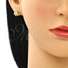 Oro Laminado Stud Earring, Gold Filled Style Elephant Design, with White and Black Micro Pave, Polished, Golden Finish, 02.213.0305