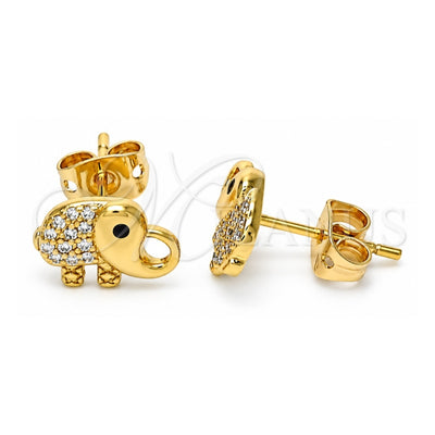 Oro Laminado Stud Earring, Gold Filled Style Elephant Design, with White and Black Micro Pave, Polished, Golden Finish, 02.213.0305