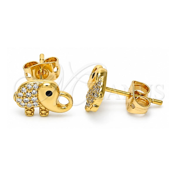 Oro Laminado Stud Earring, Gold Filled Style Elephant Design, with White and Black Micro Pave, Polished, Golden Finish, 02.213.0305
