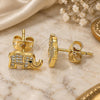 Oro Laminado Stud Earring, Gold Filled Style Elephant Design, with White and Black Micro Pave, Polished, Golden Finish, 02.213.0306