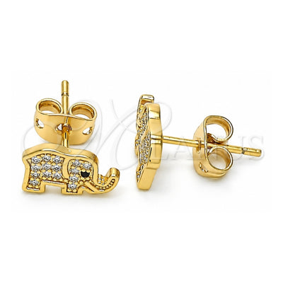 Oro Laminado Stud Earring, Gold Filled Style Elephant Design, with White and Black Micro Pave, Polished, Golden Finish, 02.213.0306
