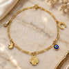 Oro Laminado Charm Anklet , Gold Filled Style Evil Eye and Figa Hand Design, Polished, Golden Finish, 03.58.0055.10 (04 MM Thickness, 10 Inches Length)