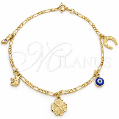 Oro Laminado Charm Anklet , Gold Filled Style Evil Eye and Figa Hand Design, Polished, Golden Finish, 03.58.0055.10 (04 MM Thickness, 10 Inches Length)