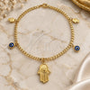 Oro Laminado Charm Anklet , Gold Filled Style Judaica and Hand of God Design, Polished, Golden Finish, 03.58.0056.10 (04 MM Thickness, 10 Inches Length)