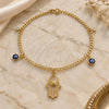 Oro Laminado Charm Anklet , Gold Filled Style Judaica and Hand of God Design, with White Cubic Zirconia, Polished, Golden Finish, 03.58.0057.10 (04 MM Thickness, 10 Inches Length)